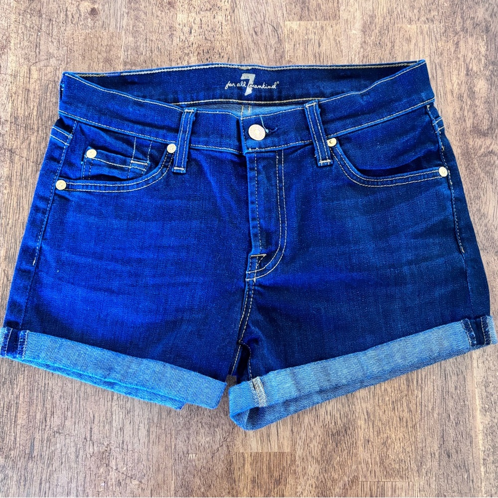 7 For All Mankind Dark Blue Rolled Hem Denim Shorts